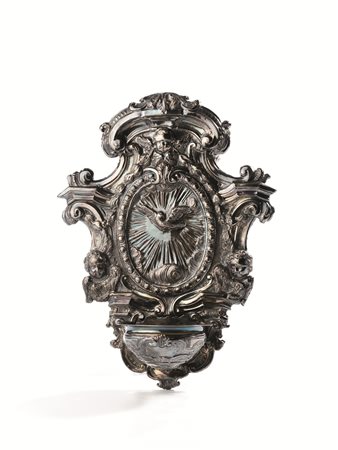 Acquasantiera, Stato Pontificio, fine sec. XVIII, in argento cesellato e...