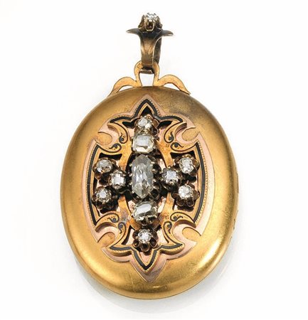 Medaglione portaritratti, fine sec. XIX, in oro giallo, oro rosa, diamanti e...