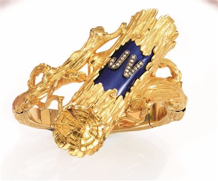 Bracciale, Francia, prima metà sec. XIX, in oro giallo, smalto e rose di...