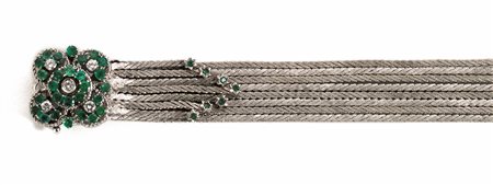 Bracciale in oro bianco, smeraldi e diamantilavorato a molteplici fili a...