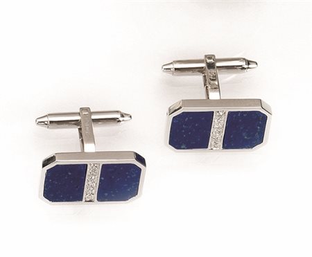 Paio di gemelli in oro bianco, lapislazzuli e diamanticiascuno realizzato...