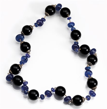 Girocollo in oro 14 kt, argento, tanzaniti, onici e diamantirealizzato con...
