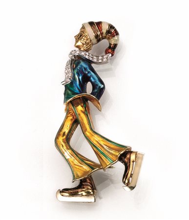 Spilla in oro giallo, oro bianco, smalti e diamantirealisticamente modellata...