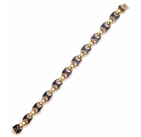 Bracciale in oro giallo e smaltorealizzato ad una fila di maglie marine...