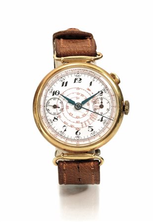 15-Cronografo da polso in oro giallo, anni '30, cassa bombata con anse a...