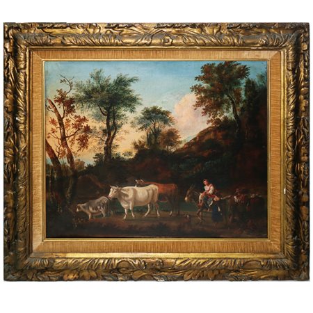 Baldi Valentino (attribuito a) (Pistoia 1774-1816)  - Paesaggio agreste con armenti e personaggi, XVIII Secolo