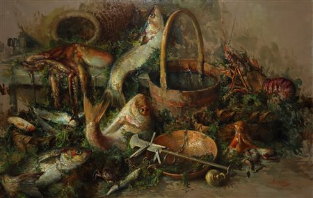 Vincenzo Irolli (Napoli 1860-Napoli 1949)  - Natura morta con pesci e pentolame