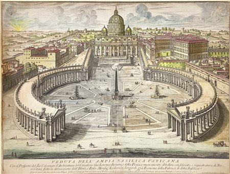 Giovanni Battista Falda (Italian 1648-1678)  - Splendida incisione ad acquaforte acquarellata raffigurante veduta dell’ampia Basilica Vaticana, 1729