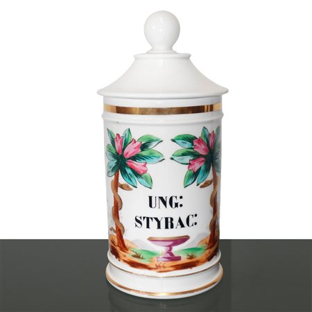 Barattolo da farmacia con speziale, decorazioni floreali e oro