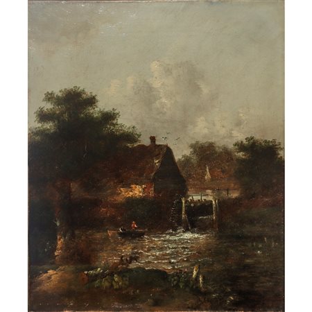 Paesaggio con casa, barca e personaggi, Flemish painter, 19° Secolo