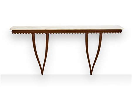 Consolle pensile con piano in marmo bianco, struttura in mogano a quattro monta