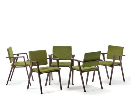 Franco Albini Cinque sedie a braccioli modello "PT1 Luisa". Esecuzione Poggi, Pa