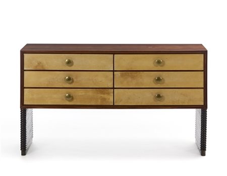 Osvaldo Borsani Cassettiera lastronata e impiallacciato in legni vari a sei cass