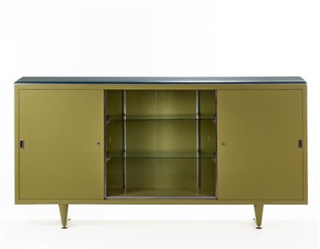 Mobile archivio da ufficio in metallo verniciato verde. Ante scorrevoli in cris