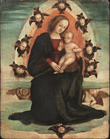 Scuola umbra, sec. XVIMADONNA CON BAMBINO E SERAFINIolio su tavola, cm 87x70,...