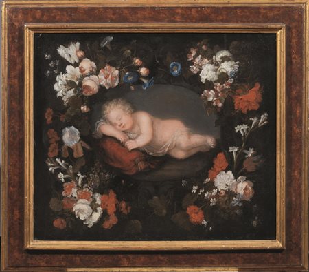 Scuola fiamminga, sec. XVIIGESU' DORMIENTE ENTRO GHIRLANDA DI FIORIolio su...