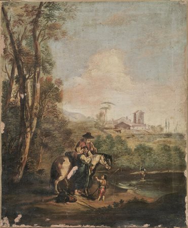 Scuola veneta, secc. XVIII-XIXPAESAGGIO LACUSTRE CON VIANDANTIolio su tela,...