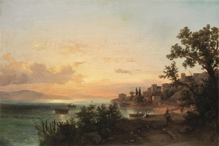 Carlo Markò(Budapest 1822 - Mosca 1891)PESAGGIO CON VEDUTA DI PAESE SU...