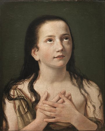 Scuola italiana, sec. XIX FIGURA FEMMINILE IN PREGHIERA olio su tela, cm 88x58
