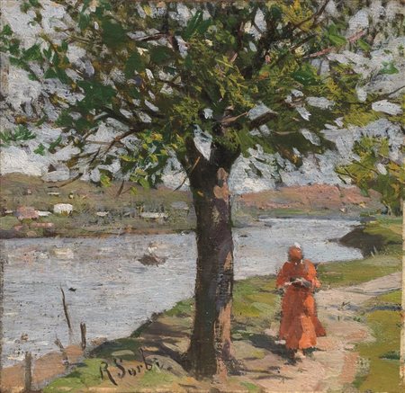 Raffaello Sorbi(Firenze 1844 - 1931)DANTE CHE PASSEGGIA LUNGO IL FIUMEolio su...