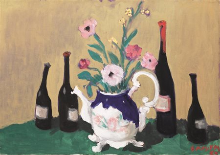 Guido Peyron(Firenze 1898 - 1960)NATURA MORTA CON BOTTIGLIA, FIORI E...