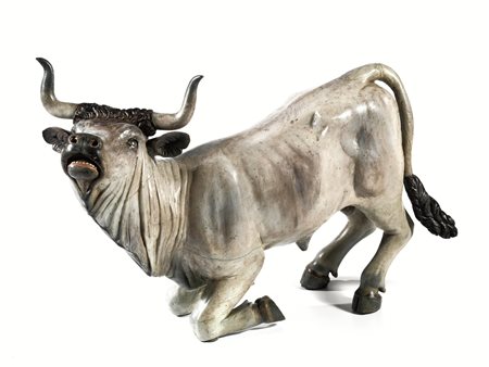 Scultura da presepe, Napoli sec. XVIII, bue, in legno policromo, occhi in...