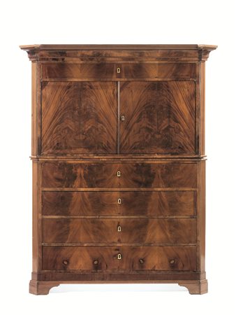 Chiffoniere, Sicilia, inizi sec. XIX, in piuma di mogano, parte superiore a...