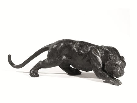 Scultura, sec. XX, in bronzo patinato modellato a pantera gradiente, lung. cm...