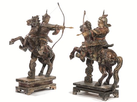 Coppia di guerrieri, Thailandia, sec. XIX-XX, in legno policromo,...