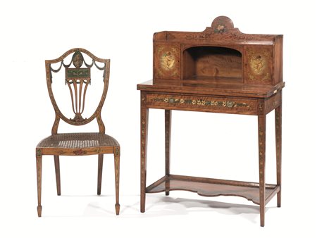 Bonheur de jour, Inghilterra, fine sec. XIX, in satin wood dipinto con putti...