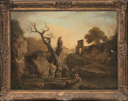 Scuola francese, sec. XVIIIPAESAGGIO CON FIGURE NEI PRESSI DI UN CORSO...