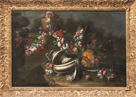 Scuola napoletana, sec. XVIIICOMPOSIZIONI FLOREALI E VASI METALLICI IN UN...