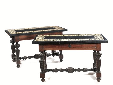 Coppia di tavoli a muro, Emilia, fine sec. XVII, attribuiti a Simon Setti, in...