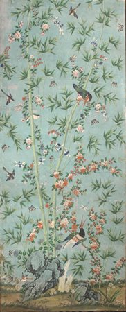 Tre grandi papier peints, Piemonte, sec. XVIII, dipinti con alberi e volatili...