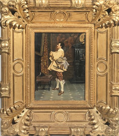 Scuola del sec. XIX GENTILDONNA CON STATUA CINESE e GENTILUOMO DAVANTI A UN...