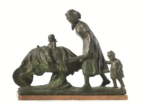 Decimo Passani(Carrara 1884 - 1952)CONTADINA CON BIMBI E CARRIOLAbronzo, cm...