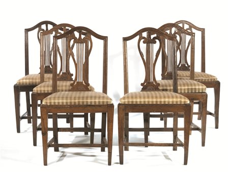 Sei sedie, Toscana, fine sec. XVIII, in ciliegio tinto a noce, spalliera...