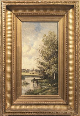 Nicolas Rousseau(sec. XIX)PAESAGGI CON FIGURECoppia di dipinti, olio su...