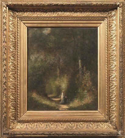 Artista del sec. XIXPAESAGGIO BOSCHIVO CON STRADA E GENTILDONNA CON...