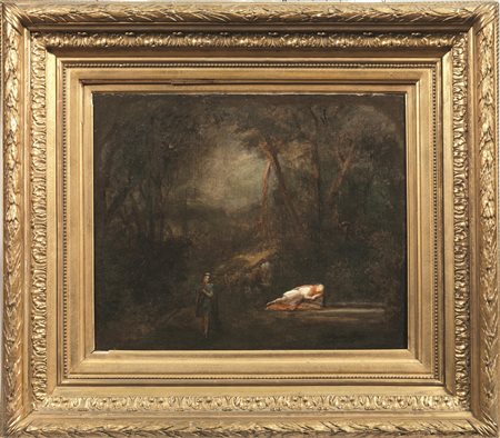 Artista del sec. XIXGIOVANE DORMIENTE PRESSO UNO STAGNO E FIGURA FEMMINILE SU...