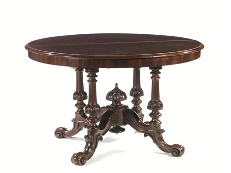 Tavolo, Francia, metÃ sec. XIX, in mogano, diam. cm 120, completo di due...
