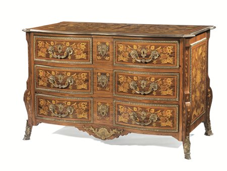 Cassettone, Francia, sec. XX, in stile Luigi XIV, in bois de rose intarsiato...