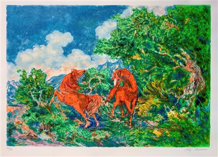 Aligi Sassu (Milano 17/07/1912-Pollença 17/07/2000)  - Paesaggio naturale e cavalli rossi con alberi