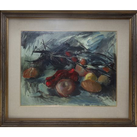 Francesco Contrafatto (Catania 1928-Catania 2015)  - Natura morta di frutta con pane, 1972