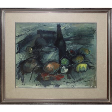 Francesco Contrafatto (Catania 1928-Catania 2015)  - Natura morta di bottiglie, vaso e frutta, 1972