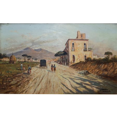 Vincenzo Canino (Napoli  1892-1978)  - Veduta del Vesuvio con strada , personaggi , case e calesse, circa 1920