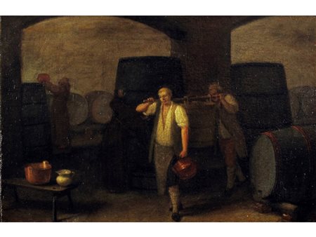 Scuola veneta (XVIII secolo) Interno di cantina Olio su tela Misure 38x55,5 cm