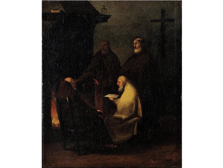 Scuola veneta (XVIII secolo) Frati davanti al fuoco Olio su tela Senza...
