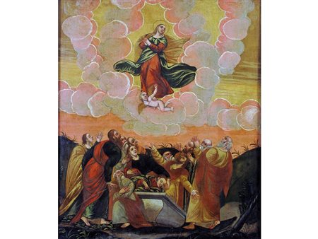 Scuola veneto cretese (XVIII secolo) Ascensione Olio su tavola Misure 55x46 cm