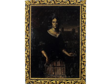 Scuola lombarda (XVII secolo) Nobildonna Olio su tela Cornice coeva Misure...